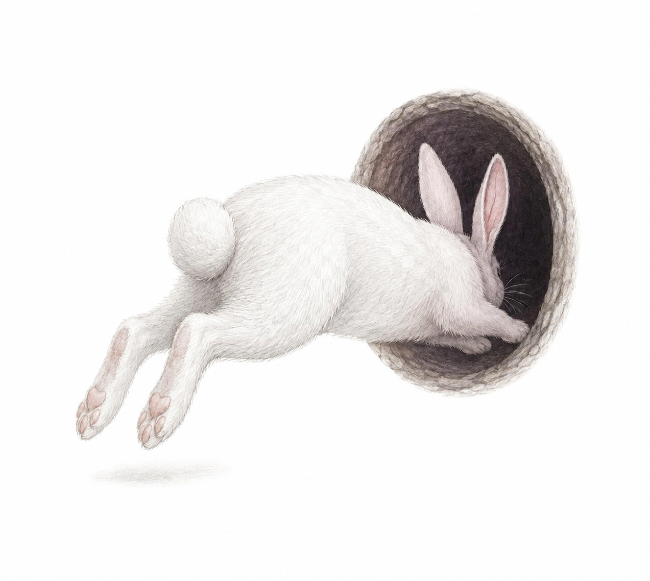 A white rabbit leaping towards the entrance to the Labyrinth